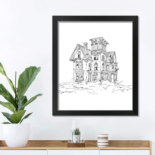 Haunted House Sketch Halloween Print in Black Frame
